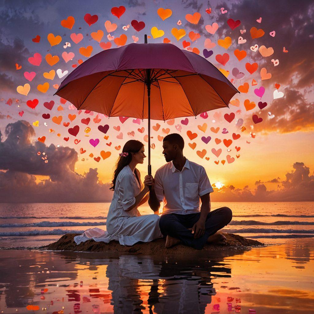 A serene couple sitting together, each holding a colorful umbrella symbolizing protection, surrounded by floating hearts and money symbols to represent emotional and financial safety. In the background, a gentle sunset casts warm hues, creating a calming atmosphere. The scene is designed to depict balance and harmony in a partnership, with the couple appearing connected yet standing strong amidst the elements. super-realistic. vibrant colors. peaceful ambiance.