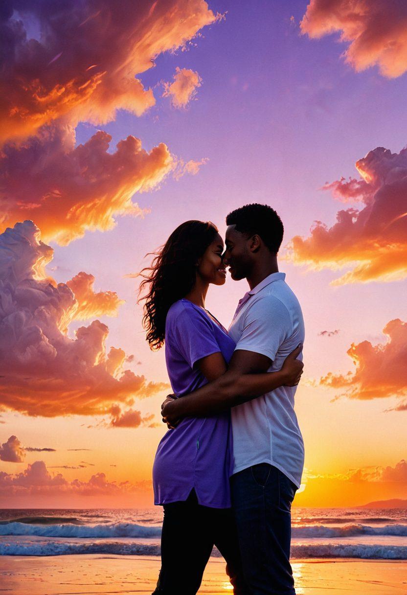 A loving couple in a warm embrace, surrounded by floating shield icons symbolizing various types of insurance coverage, such as health, home, and auto, with a beautiful sunset backdrop. The scene conveys safety, love, and security, emphasizing the idea of protecting relationships. Soft, pastel colors to create a tender atmosphere. super-realistic. vibrant colors.